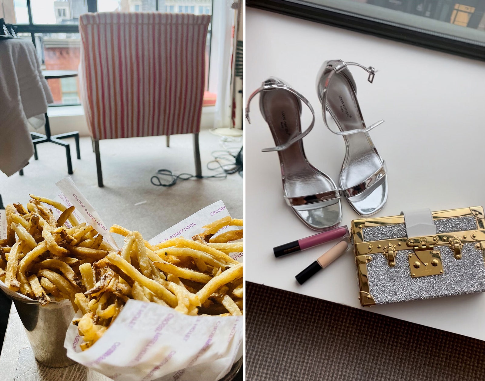 De gauche à droite Les frites requises avant l'événement.  Accessoires Louis Vuitton plus correcteur et Lust Gloss pour la route.