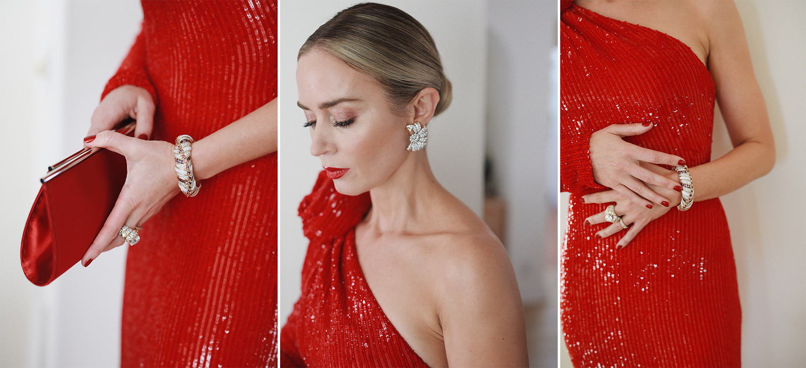 Blunt, ambassadrice de Tiffany pour la saison des récompenses, porte les boucles d'oreilles en diamant Sea Fan de Jean Schlumberger ainsi qu'une bague...