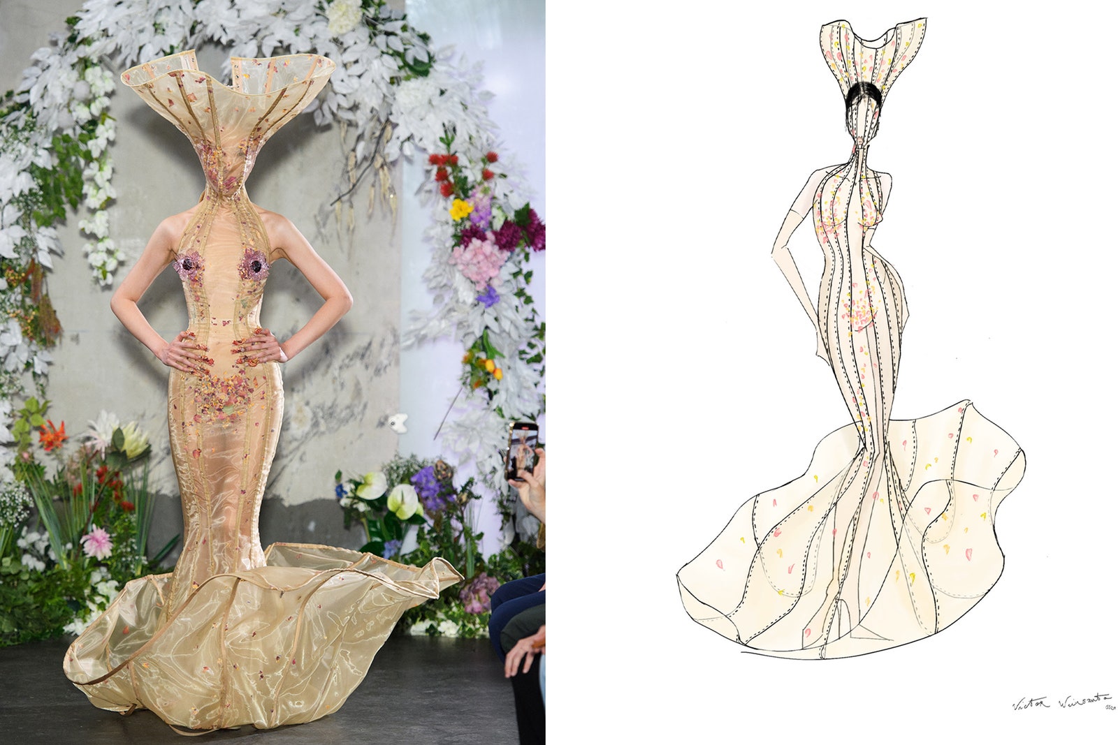 L'image peut contenir des vêtements de cérémonie, une robe, une robe de mode, une robe de mariée, une robe de soirée, une personne et une fleur.