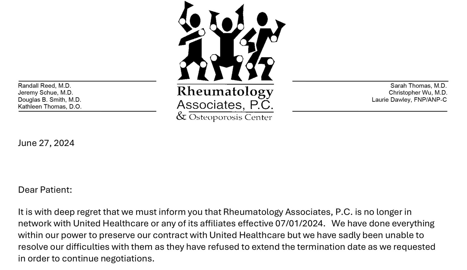 Lettre du PC de Rheumatology Associates concernant le fait que UnitedHealthcare soit hors réseau