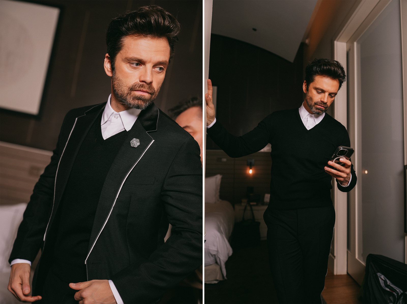 Dans le look gagnant de Sebastian Stan aux Golden Globes 2025 L'image peut contenir Sebastian Stan Sebastian Stan Vêtements Tenue de soirée Costume Partie du corps Doigt Main Personne et manteau