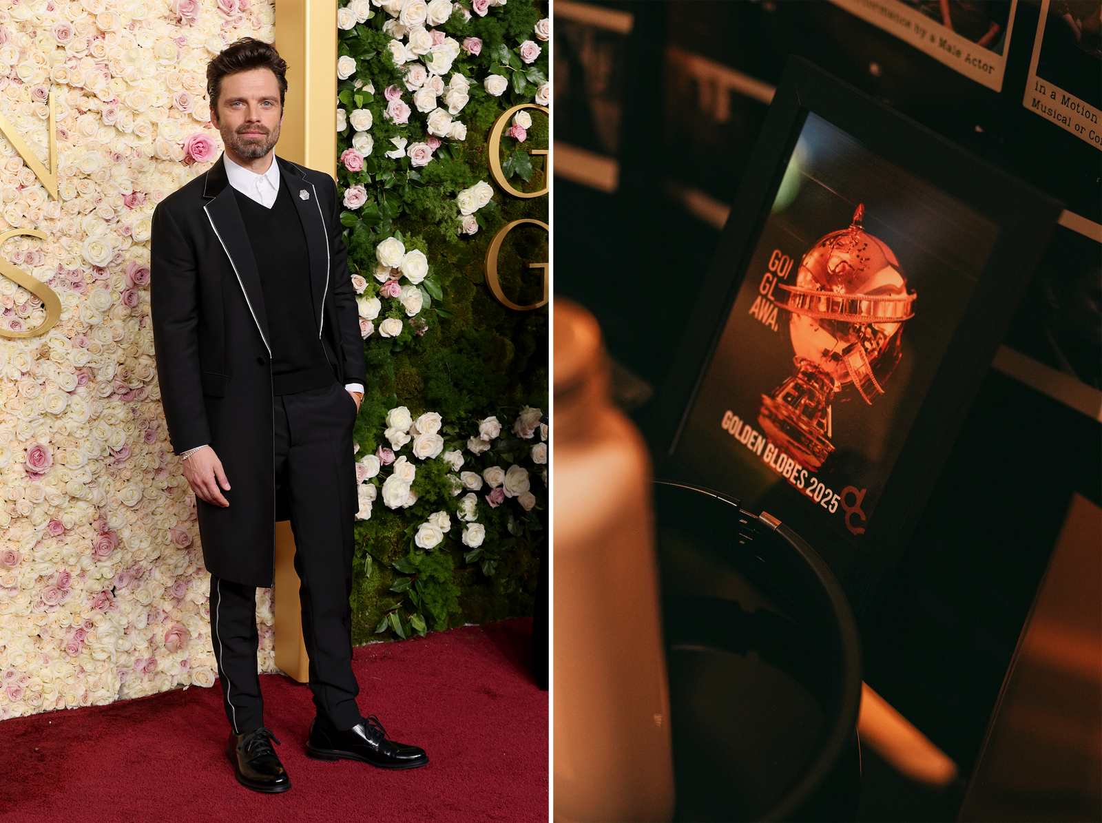 Dans le look gagnant de Sebastian Stan aux Golden Globes 2025 L'image peut contenir Sebastian Stan Mode Vêtements Tenue de soirée Costume Adulte Personne et Première