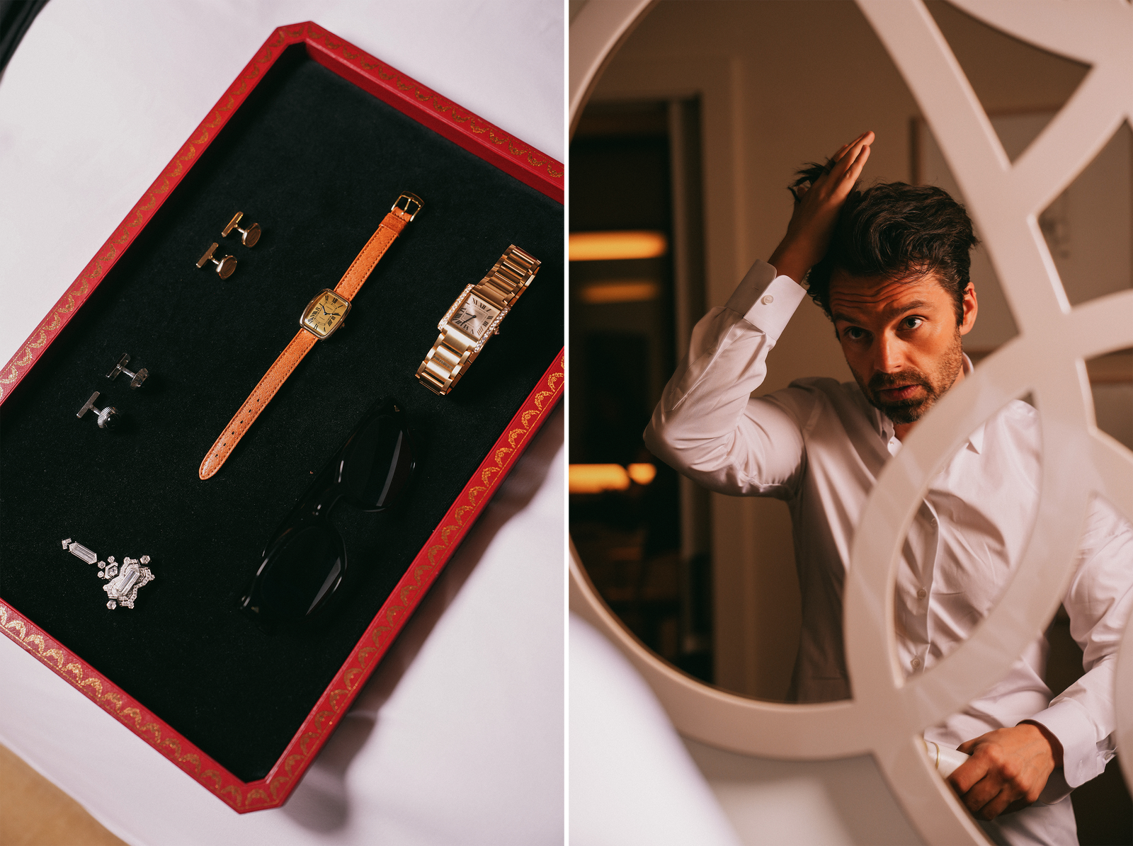 Dans le look gagnant de Sebastian Stan aux Golden Globes 2025 L'image peut contenir Sebastian Stan Partie du corps Doigt Main Personne Accessoires Tenue de soirée Cravate Vêtements Chemise et Adulte