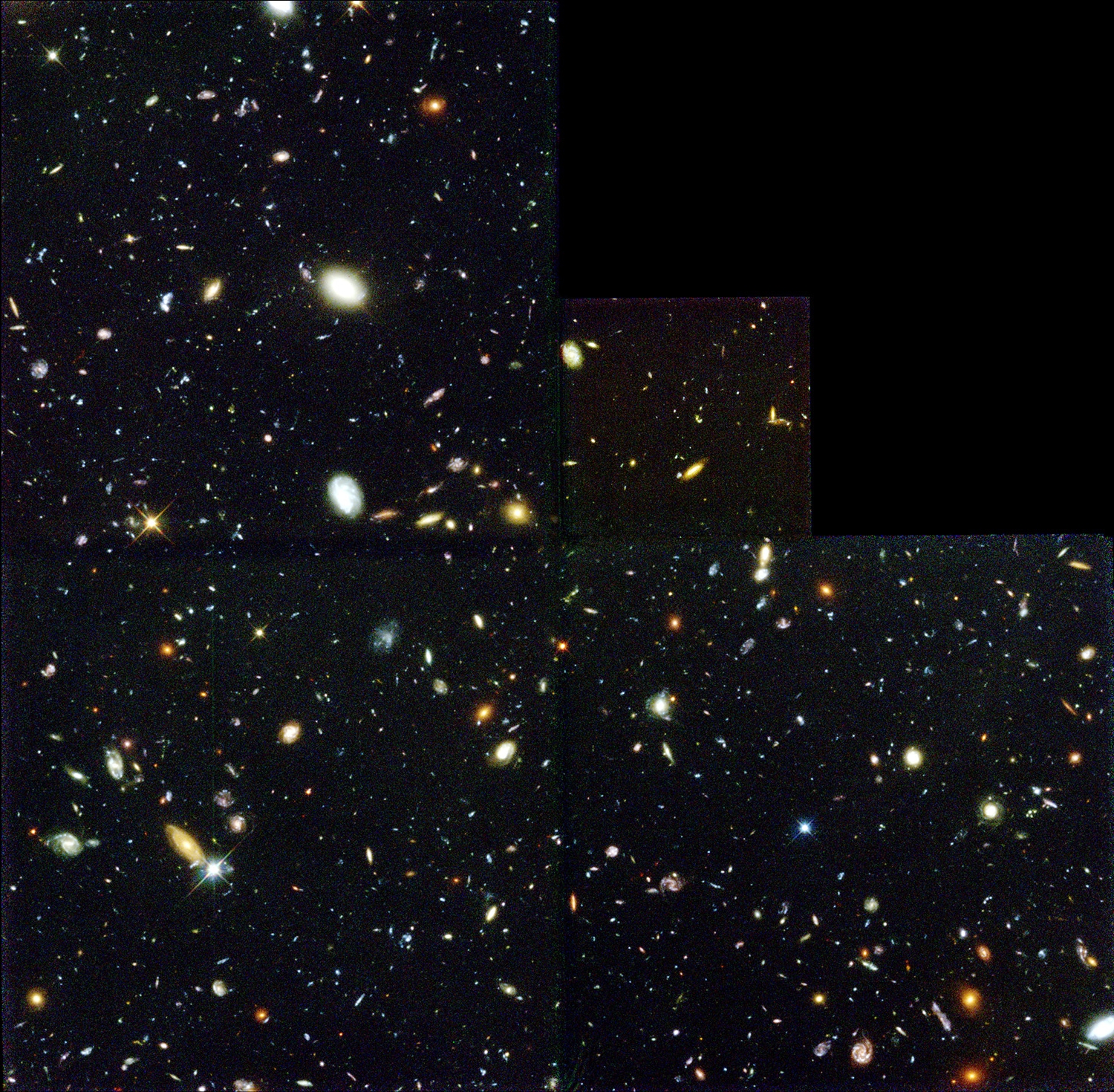 Voyez comment le télescope spatial Hubble révolutionne toujours l'astronomie Des centaines de galaxies, certaines rougeâtres, du bleuâtre, du blanc, remplissent le fond noir de l'espace.