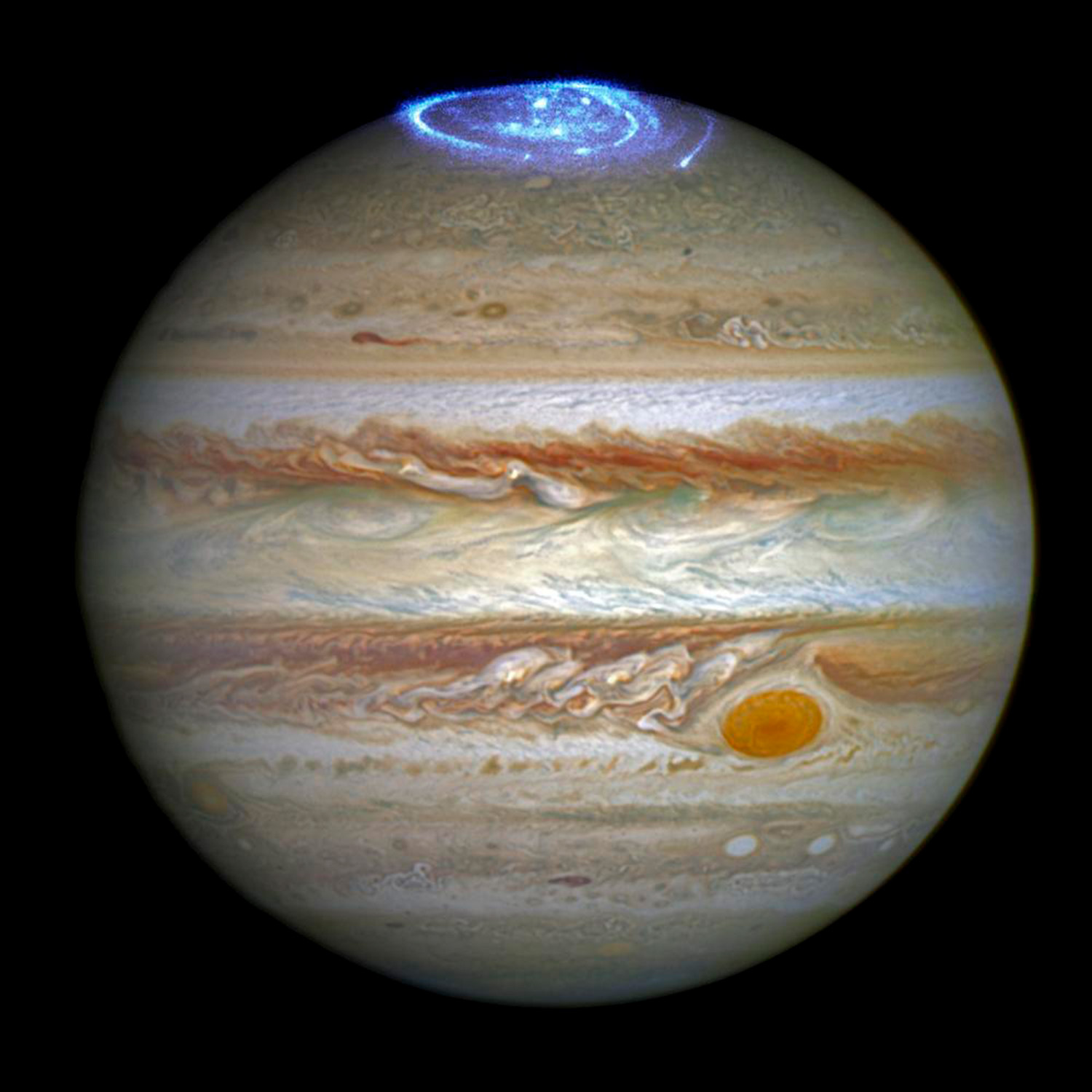Voyez comment le télescope spatial Hubble révolutionne toujours l'astronomie Des bandes de nuages blancs, bruns et rougeâtres sur la planète Jupiter. En haut de l'image, des cercles bleus étroits de lumière s'assoient.