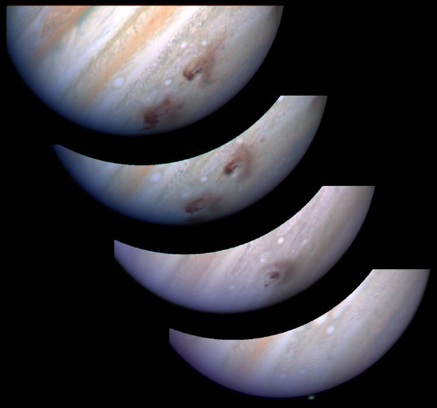 Voyez comment le télescope spatial Hubble révolutionne toujours l'astronomie Quatre images de Jupiter montrent, en séquence, une tache noire se formant sur les nuages de la planète puis se transformant et se divisant en deux taches.
