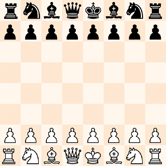 Un diagramme d'échecs montrant la position de départ standard pour un jeu d'échecs. Une animation en boucle montre que la reine du pion de White a avancé deux espaces pour commencer le jeu.