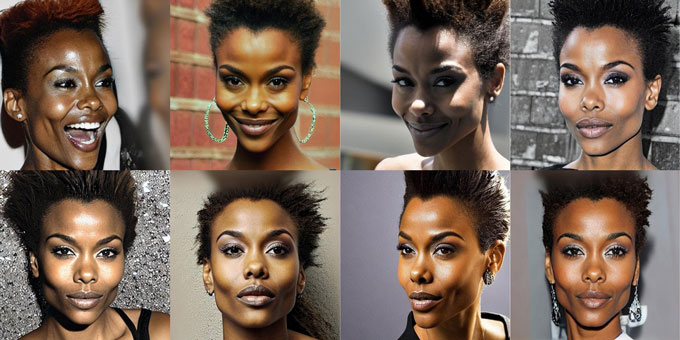 Les faux visages peuvent-ils rendre la formation en IA plus éthique? Une grille de huit photos de portrait montrant une femme noire dans diverses poses et conditions d'éclairage.