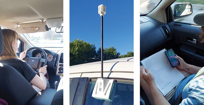 bénévoles (gauche, droite) conduisant, capteurs d'humidité (centre) montés sur leurs véhicules. 