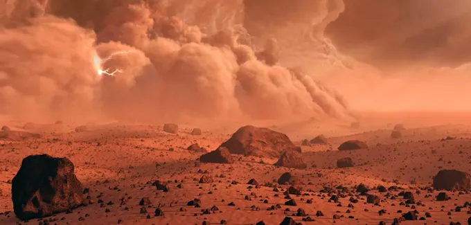 Des nuages ​​et un éclair bouillonnent sur la surface rocheuse rouge de Mars.
