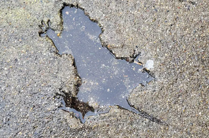 Une flaque d'eau remplit une impression en forme de rongeur dans le béton.