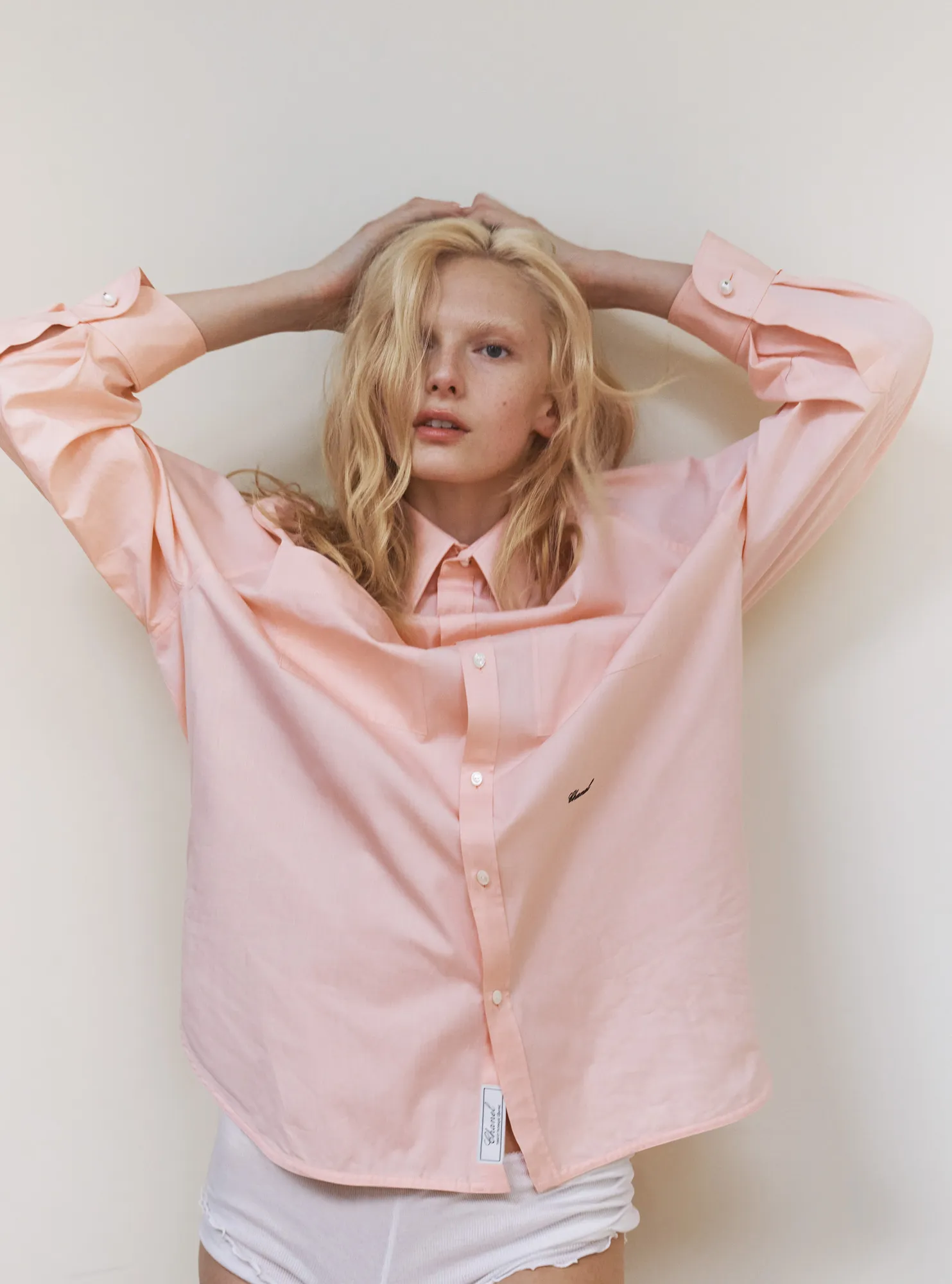 L'image peut contenir un chemisier, une chemise à manches et des manches longues.