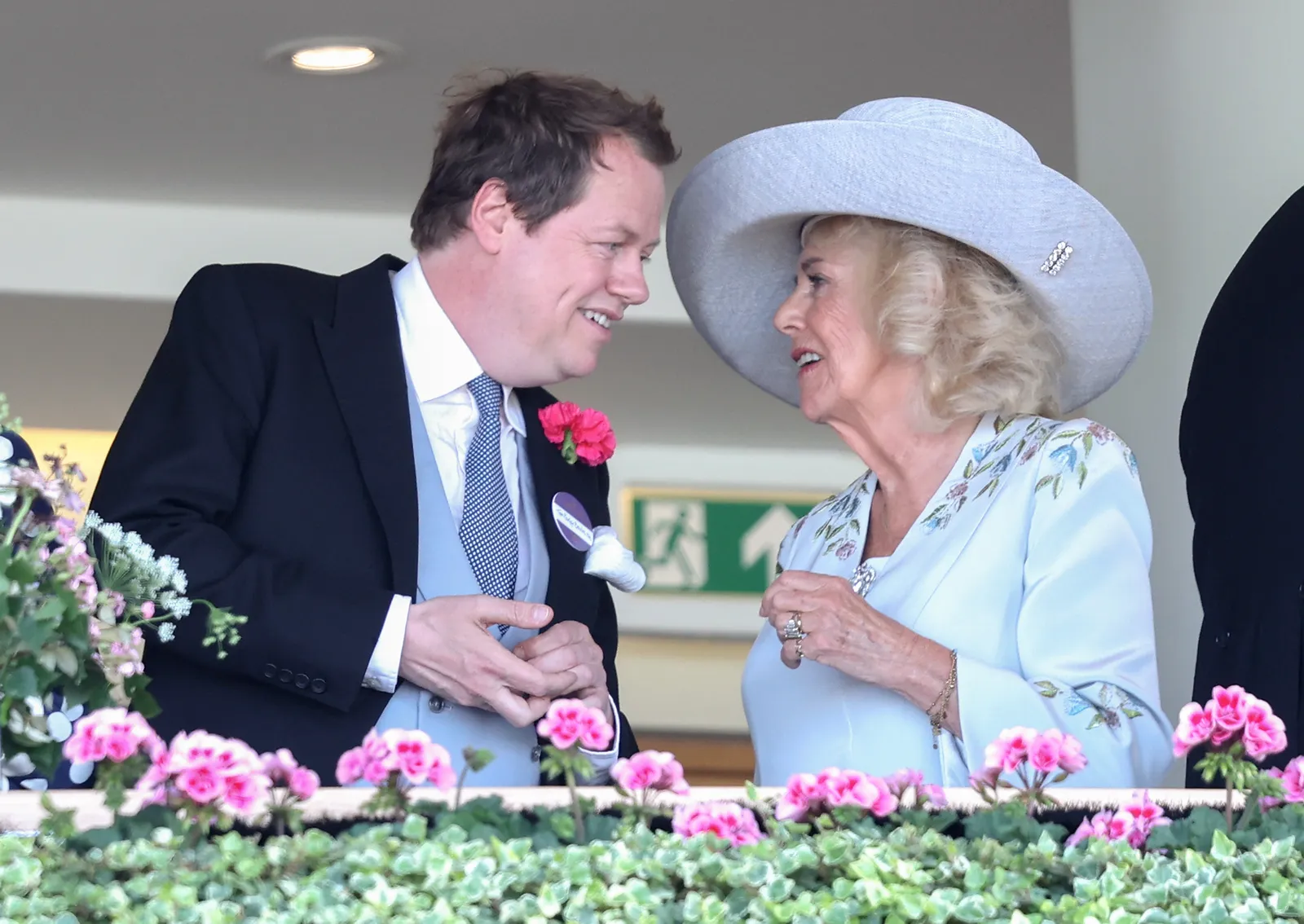 Chevaux, chapeaux et Harriet Sperling : la famille royale perpétue la tradition de la reine Elizabeth au Royal Ascot L'image peut contenir Tom Parker Bowles Eileen Atkins Vêtements Tenue de soirée Costume Plante Plante en pot Fleur et pétale