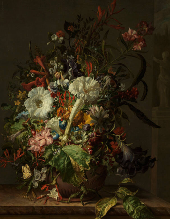 L'art historique peut cacher des secrets scientifiques Une nature morte des années 1730 de l'artiste néerlandaise Rachel Ruysch présentant un arrangement dense de fleurs, de feuilles et d'insectes colorés sur un fond sombre. En bas à gauche, une fleur charogne apparaît aux côtés d’un papillon machaon.