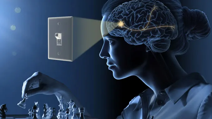 Illustration d'un interrupteur et du cerveau d'une personne jouant aux échecs.