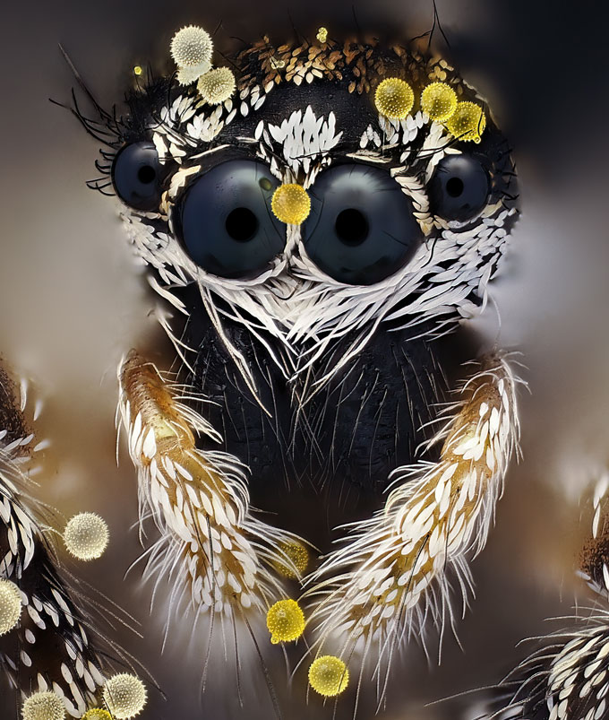Un gros plan d'une araignée sauteuse montre du pollen qui saupoudre son corps et ses poils fins.