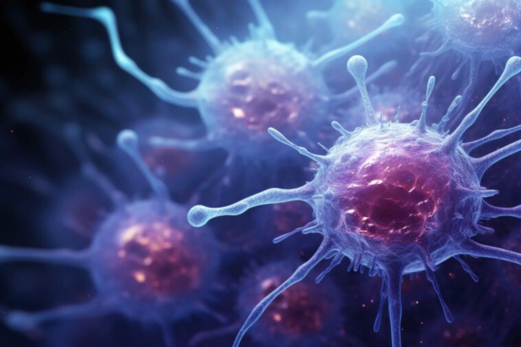 Démystifié : une étude ne révèle aucun lien entre les champignons communs et le cancer du pancréas Blue Purple Cancer Cells Illustration