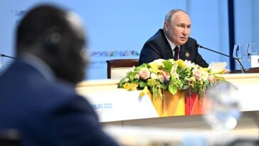 Vladimir Putin at a 2023 Russia-Africa summit in St. Petersburg, modified, http://en.kremlin.ru/events/president/news/71835