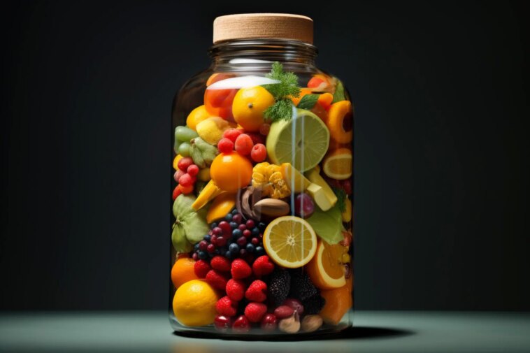 Un changement de paradigme en matière de santé : la prescription de fruits et légumes gratuits est liée à une meilleure santé cardiaque Fruit and Vegetable Bottle Art Concept
