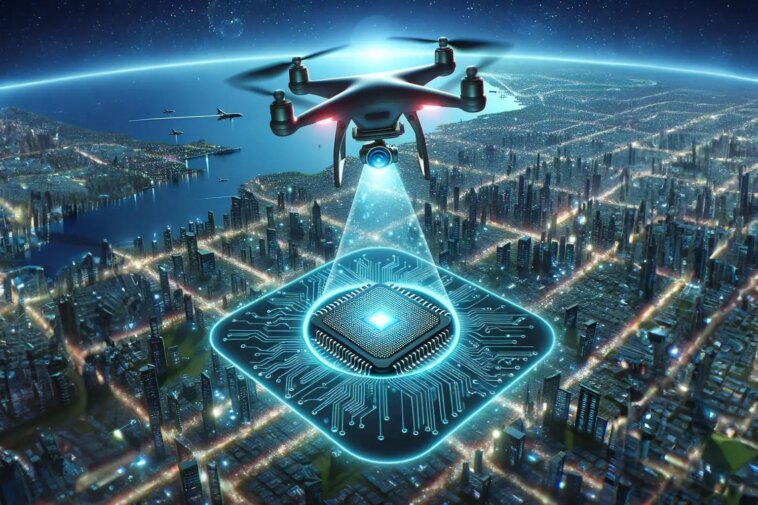 Au-delà du GPS : comment les puces photoniques quantiques peuvent révolutionner la navigation des drones Drone Over City New Chip Art Concept