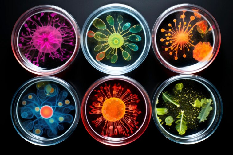 Les cerveaux microscopiques : le génie structurel des bactéries Colorful Bacteria Petri Dish Concept Art