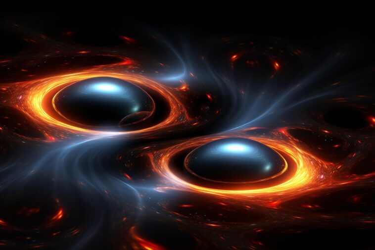 Ondulations dans l'espace-temps : percer les secrets des ondes gravitationnelles Black Hole Merger Gravitational Waves Concept Illustration