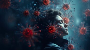 Virus Particles Tired Woman Long COVID