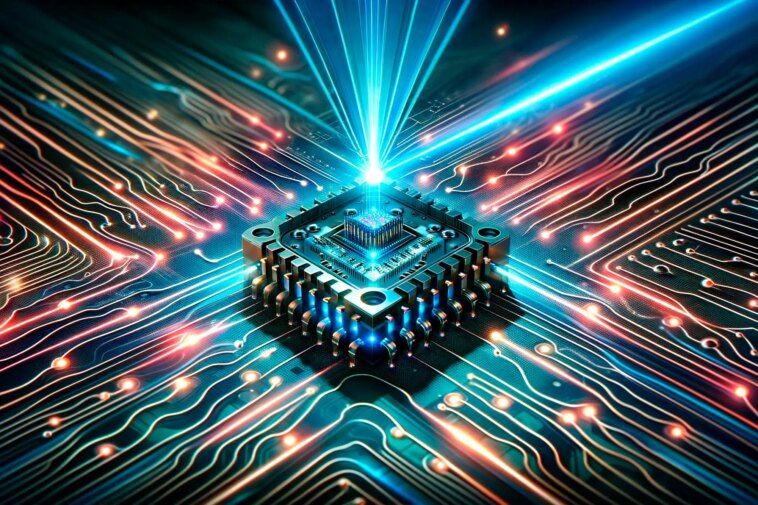 Des centrales nanométriques : une technologie laser ultrarapide miniaturisée sur de minuscules puces photoniques Laser on Chip Art Concept