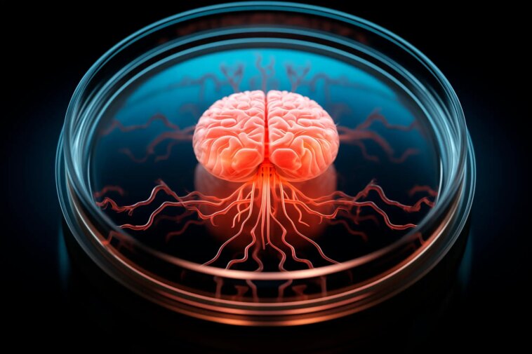 La fonction clé de la microglie dans le développement du cerveau découverte Brain Organoid Petri Dish Art Concept