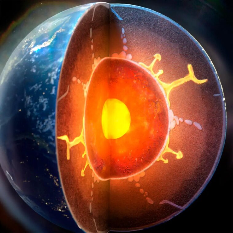 L'énigme E Prime résolue : comment les scientifiques ont dévoilé les secrets des eaux profondes de la Terre Earth’s Interior Revealing Subducting Water and a Rising Plume of Magma