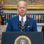 cc The White House, modified, https://commons.wikimedia.org/w/index.php?sort=last_edit_desc&search=president+biden+filetype%3Abitmap&title=Special%3ASearch&profile=advanced&fulltext=1&advancedSearch-current=%7B%22fields%22%3A%7B%22filetype%22%3A%22bitmap%22%7D%7D&ns0=1&ns6=1&ns12=1&ns14=1&ns100=1&ns106=1#/media/File:P20220708AS-0312_(52308746245)_(cropped).jpg ; President Joe Biden, joined by Vice President Kamala Harris, Secretary of Health and Human Services Xavier Beccera and Deputy Attorney General Lisa Monaco, delivers remarks in the Roosevelt Room of the White House Friday, July 8, 2022, prior to signing an executive order protecting access to reproductive healthcare services. (Official White House Photo by Adam Schultz)
