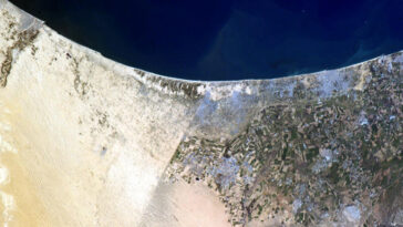 Border of Gaza, Israel, and Egypt as seen from space. NASA/Chris Hadfield https://commons.wikimedia.org/w/index.php?search=rafah%20satellite&ns0=1&ns6=1&ns12=1&ns14=1&ns100=1&ns106=1#/media/File:Border_between_Israel_and_Egypt_visible_from_space.jpg