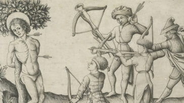 cc Meister der Spielkarten - Metropolitan Museum of Art, modified, https://commons.wikimedia.org/w/index.php?search=crossbow+medieval+print+filetype%3Abitmap&title=Special%3ASearch&profile=advanced&fulltext=1&advancedSearch-current=%7B%22fields%22%3A%7B%22filetype%22%3A%22bitmap%22%7D%7D&ns0=1&ns6=1&ns12=1&ns14=1&ns100=1&ns106=1#/media/File:Martyrium_des_hl._Sebastian_(Meister_der_Spielkarten).jpg