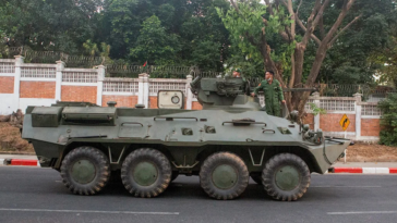(Myanmar Civil War) Burma Army BTR-3u deployed in Yangon. cc Wunna Sithu Min Payar, modified, https://commons.wikimedia.org/wiki/File:Burma_Army_BTR-3u.png