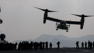 KUMAMOTO, Japan (April 19, 2016) An MV-22B Osprey aircraft from Marine Medium Tilitrotor Squadron (VMM) 265 attached to the 31st Marine Expeditionary Unit departs JS Hyuga (DDH 181) in support of the Government of Japan