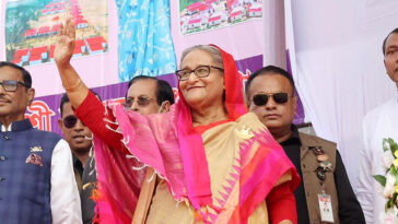 Sheikh Hasina was forced to flee amid ongoing unrest in Bangladesh; cc DelwarHossain, modified, https://commons.wikimedia.org/wiki/File:Sheikh_Hasina_2023.jpg