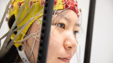 Un participant à l'étude est tourné vers la droite, portant un casque d'électroencéphalogramme (EEG) jaune et rouge qui s'ajuste autour de la tête du participant comme un bonnet de bain. Le casque est doté d'électrodes et d'une bande de puce qui entoure le bas du visage du participant.