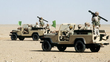 cc Tech. Sgt. H. H. Deffner ; Crews of an Egyptian ranger battalion in Jeep light vehicles give a demonstration for visiting dignitaries during Operation Desert Shield. The soldiers standing are holding SA-7 Grail surface-to-air missiles.