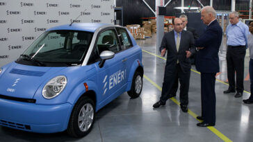 Vice President Joe Biden tours the Ener1 Inc. battery factory with CEO Charles Gassenheimer and COO Richard Stanley and is shown a THINK City, an electric car that uses Ener1 batteries, in Greenfield, Indiana, Jan. 26, 2010. (Official White House Photo by David Lienemann), modified, https://obamawhitehouse.archives.gov/blog/2011/01/26/our-plan-put-one-million-advanced-technology-vehicles-america-s-roads