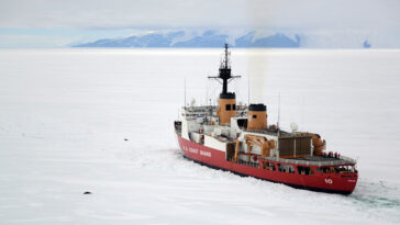 Coast Guard Commandant Adm. Paul F. Zukunft highlighted the important role of icebreakers to maintain defense readiness in the Arctic and Antarctic regions, enforce treaties and other laws, and provide support to facilitate the movement of goods and personnel. Here, the Coast Guard Cutter Polar Star operates off the shore of Antarctica, Jan. 16, 2017. Coast Guard photo by Chief Petty Officer David Mosley, modified, https://dod.defense.gov/OIR/gallery/igphoto/2001902896/