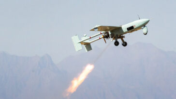 A drone test in Iran; cc Saeed Sajjadi, modified, https://fi.wikipedia.org/wiki/Tiedosto:Iranian_drone_exercise_in_2022_-_Day_2_%2820%29.jpg