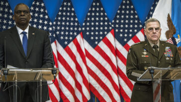 Secretary of Defense Lloyd J. Austin III and Chairman of the Joint Chiefs of Staff, Gen. Mark A. Milley answer questions during a press conference at NATO headquarters, Brussels, Belgium, Feb. 14, 2023. Austin hosted the ninth meeting of the Ukraine Defense Contact Group that brought together 54 countries for continuing discussions on support to Ukraine in its war with Russia. (DoD photo by Chad J. McNeeley)