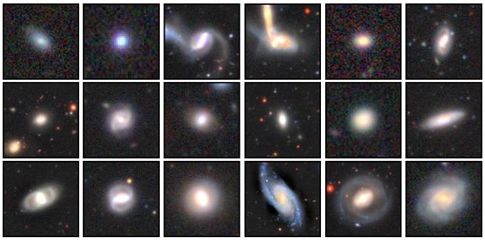 Une grille de 18 galaxies de formes variées