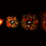 Une série d'images montre une étoile rouge, puis un halo lumineux orange en expansion autour de l'ancien emplacement de l'étoile.