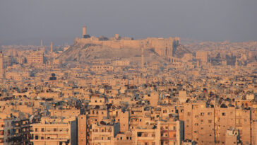 cc LOUAI BARAKAT , modified, Aleppo Citadel in 2016. https://commons.wikimedia.org/w/index.php?limit=500&offset=0&profile=default&search=aleppo+war&title=Special:Search&ns0=1&ns6=1&ns12=1&ns14=1&ns100=1&ns106=1#/media/File:Aleppo_in_the_war_2016.jpg