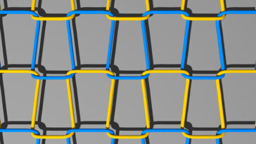 Les fils entrelacés bleus et jaunes dans un tricot sont représentés sous forme de lignes animées sur un fond gris