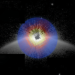 Anneaux concentriques de pixels jaunes, rouges et bleus, superposés sur un arc de taches blanches sur fond noir