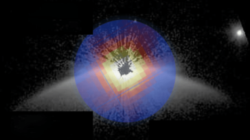 Anneaux concentriques de pixels jaunes, rouges et bleus, superposés sur un arc de taches blanches sur fond noir