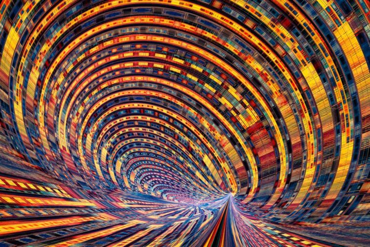 Quantum computer circuitry illustration. Conventional computers store information as