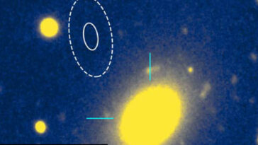 Quelques taches jaunes, dont l'une est plus grande que les autres et marquée de réticulations cyan, sur fond bleu. Une ellipse de ligne pointillée avec une ellipse solide à l'intérieur se trouve en haut à gauche de la plus grande goutte jaune.
